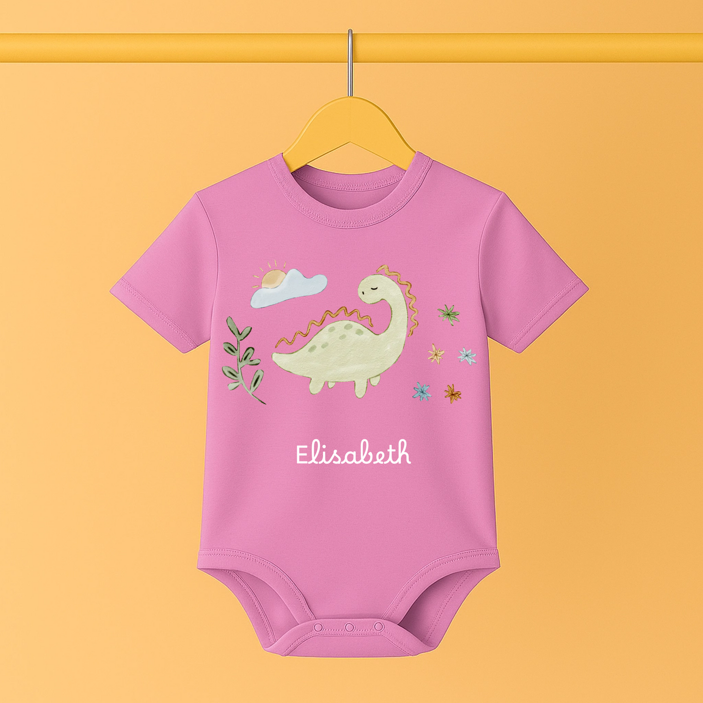 Personalisierter Baby Strampler mit Dino-Motiv und Wunschname